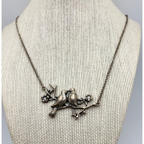 Vintage Lovebirds Pendant Necklace Sitting on Branch Rhinestone Accents - Picture 7 of 7